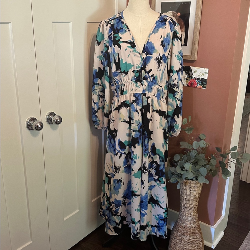 PrettyGarden Floral Blue cream Black watercolor vneck long sleeve XL Maxi Dress - Picture 3 of 16